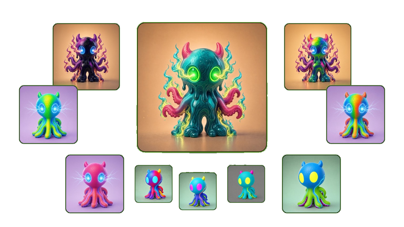 MELTCORE Genesis NFT collection featuring the central black octopus mascot and colorful NFT variants
